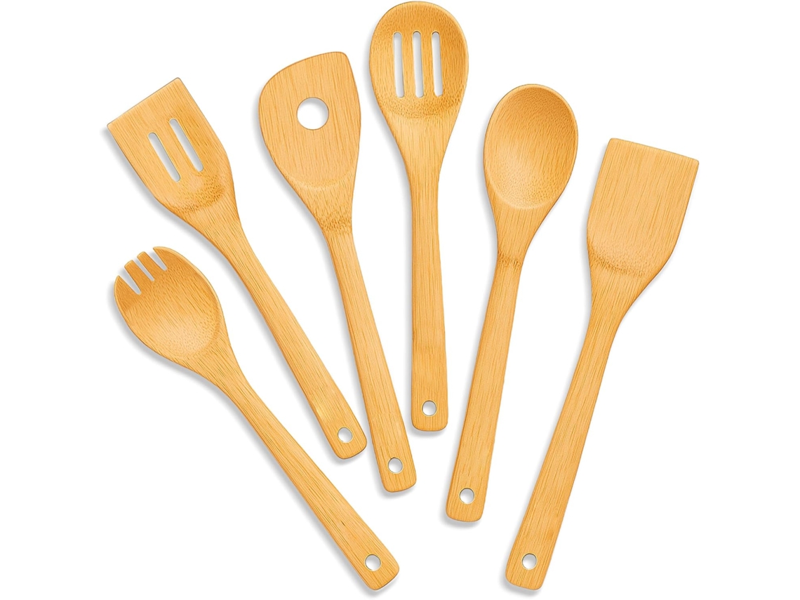Conjunto 6 Utensílios Cozinha - Espátula - Colher - Utensílios Madeira - 30*6 Cm - Cor Madeira Natural