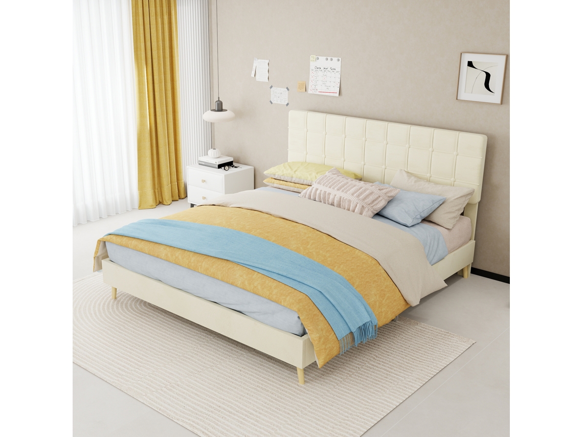 Cama Bege 160x200cm Com Cabeceira Acolchoada Xadrez, Luxo Moderno