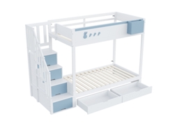 Beliche Infantil, 90*200 Cm,prateleira Removível Para Arrumação, Escada Segura Para Guardar Objetos, Gavetas, Estrado De Ripas,branco + Azul