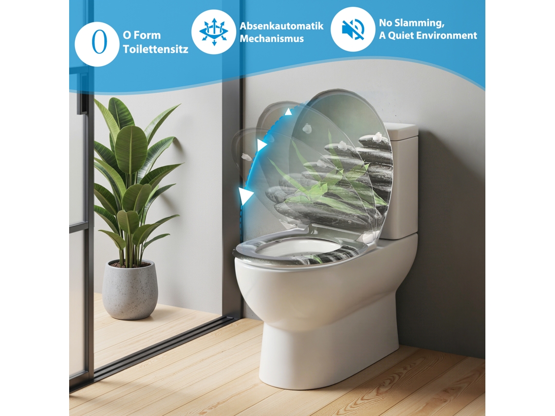 Assento Homseat Em Duroplaste Com Fecho Suave, Padrão Pedras Zen E Bambu.