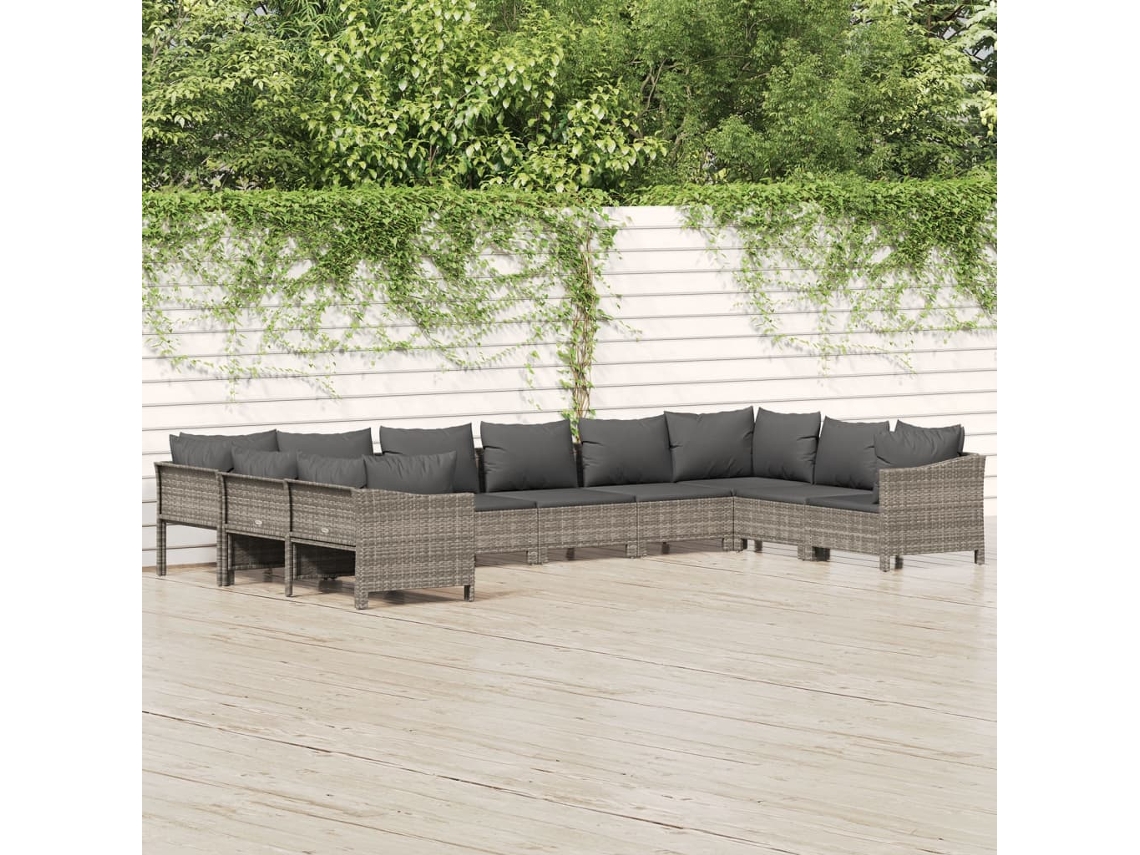 Vidaxl 10 Pcs Conjunto Lounge De Jardim C/ Almofadões Vime Pe Cinzento