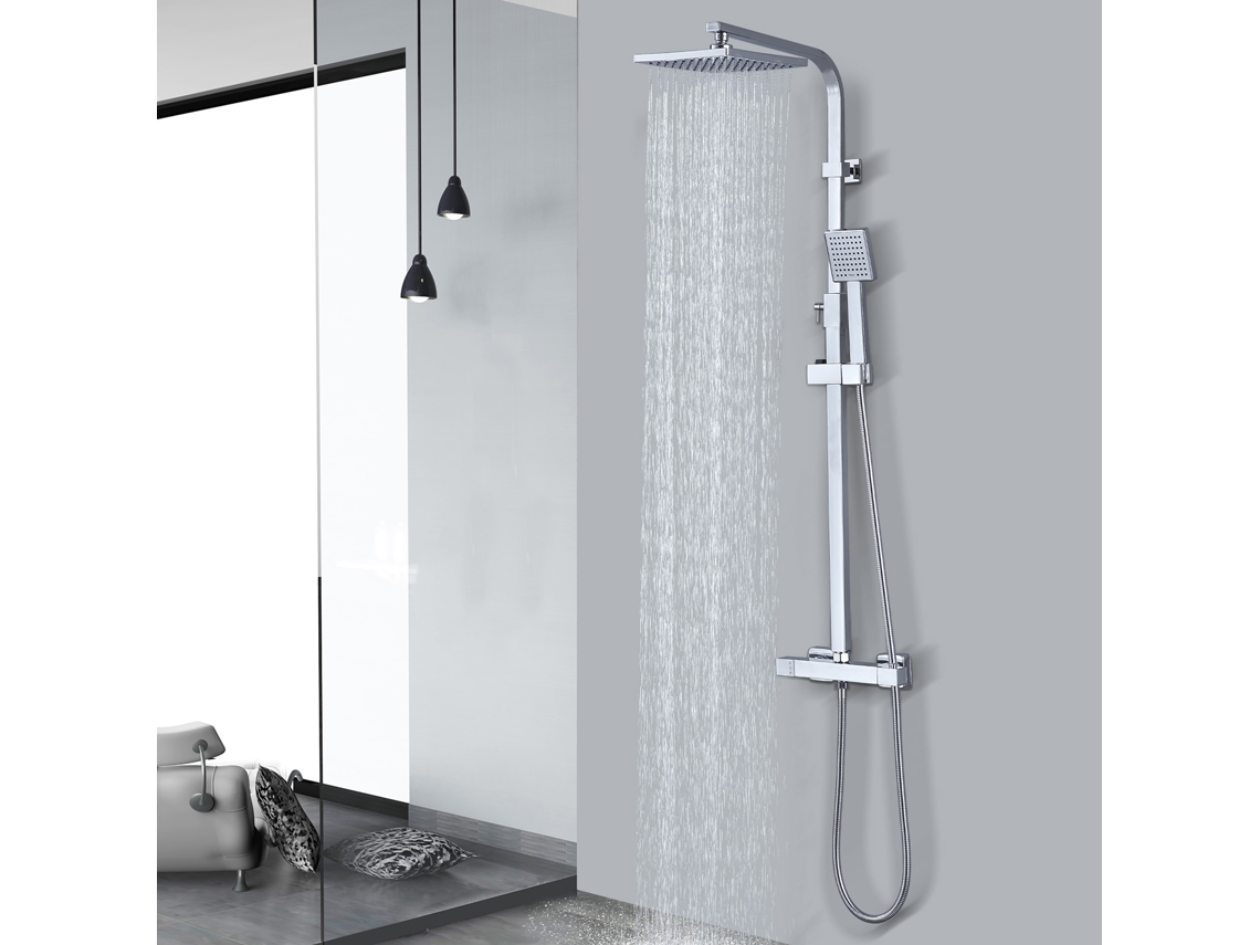 Coluna De Duche Termostática Cromada Sem Furos Adicionais, Misturadora Em Latão, Altura Regulável 855-1105 Mm, Chuveiro 22 Cm, Conjunto De Duche