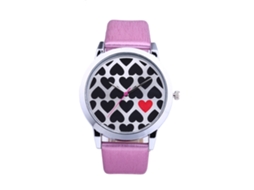 Relógio Feminino de Pulso Quartzo com Pulseira Pu e Padrão de Coração Rosa