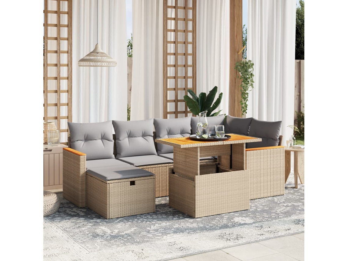 Vidaxl 7 Pcs Conjunto De Sofás P/ Jardim Com Almofadões Vime Pe Bege