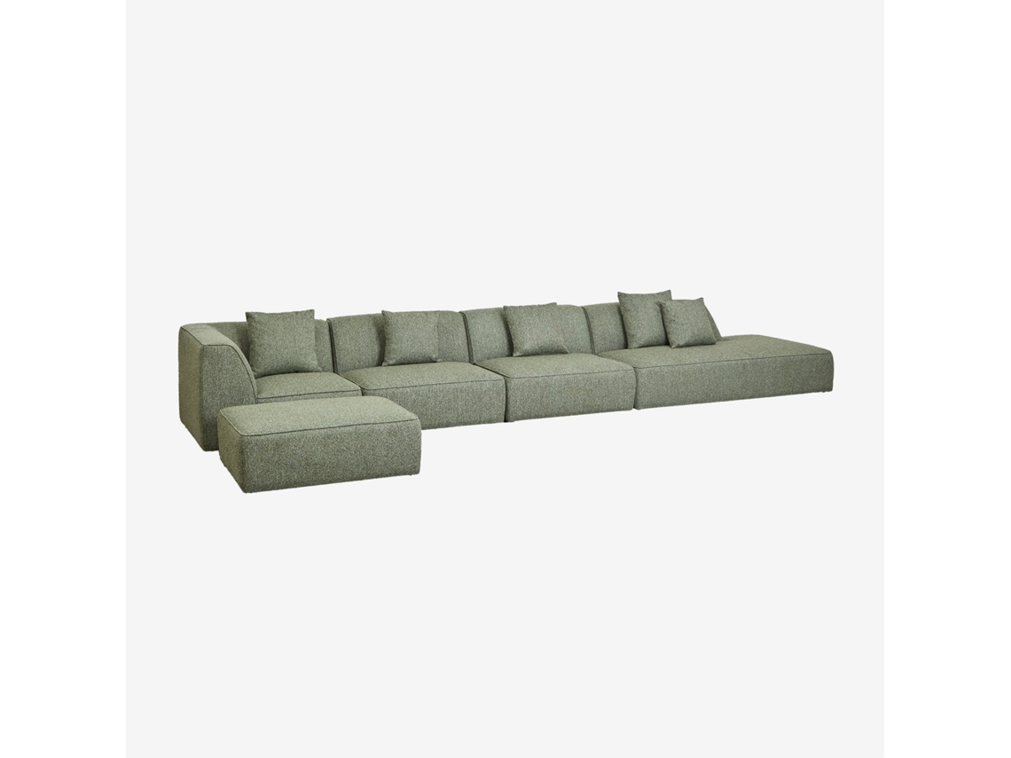 Sklum Sofá Modular De Canto Em 4 Peças Com Chaise Longue Direito E Puff Estofado Cardea Poliéster                       Bouclé Verde Sálvia