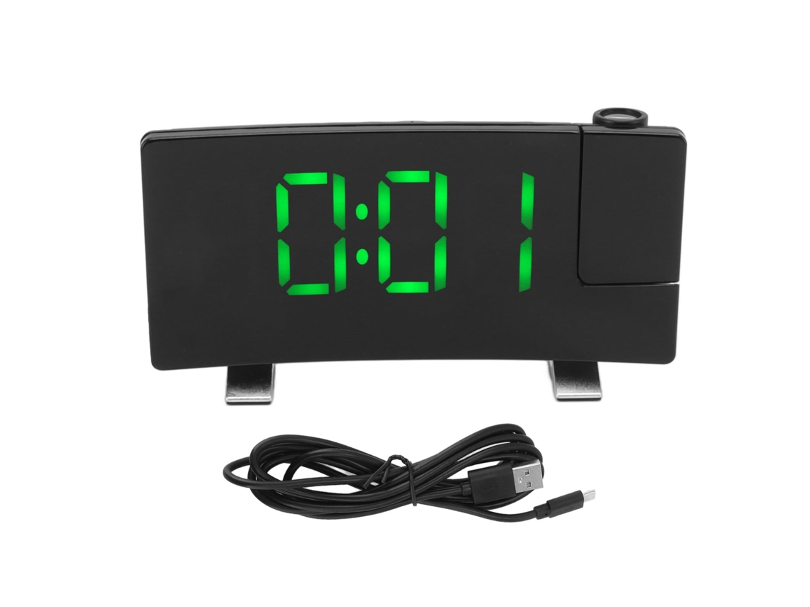 Relógio Despertador com Projeção, Rádio, Tela Curva LED, Letras Verdes, Corpo Preto | S/MARCA