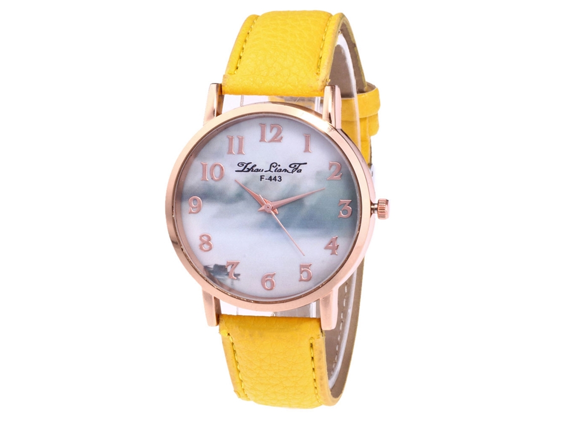 Relógio de pulso moderno para casal com pulseira de PU, mostrador redondo e movimento de quartzo (amarelo)