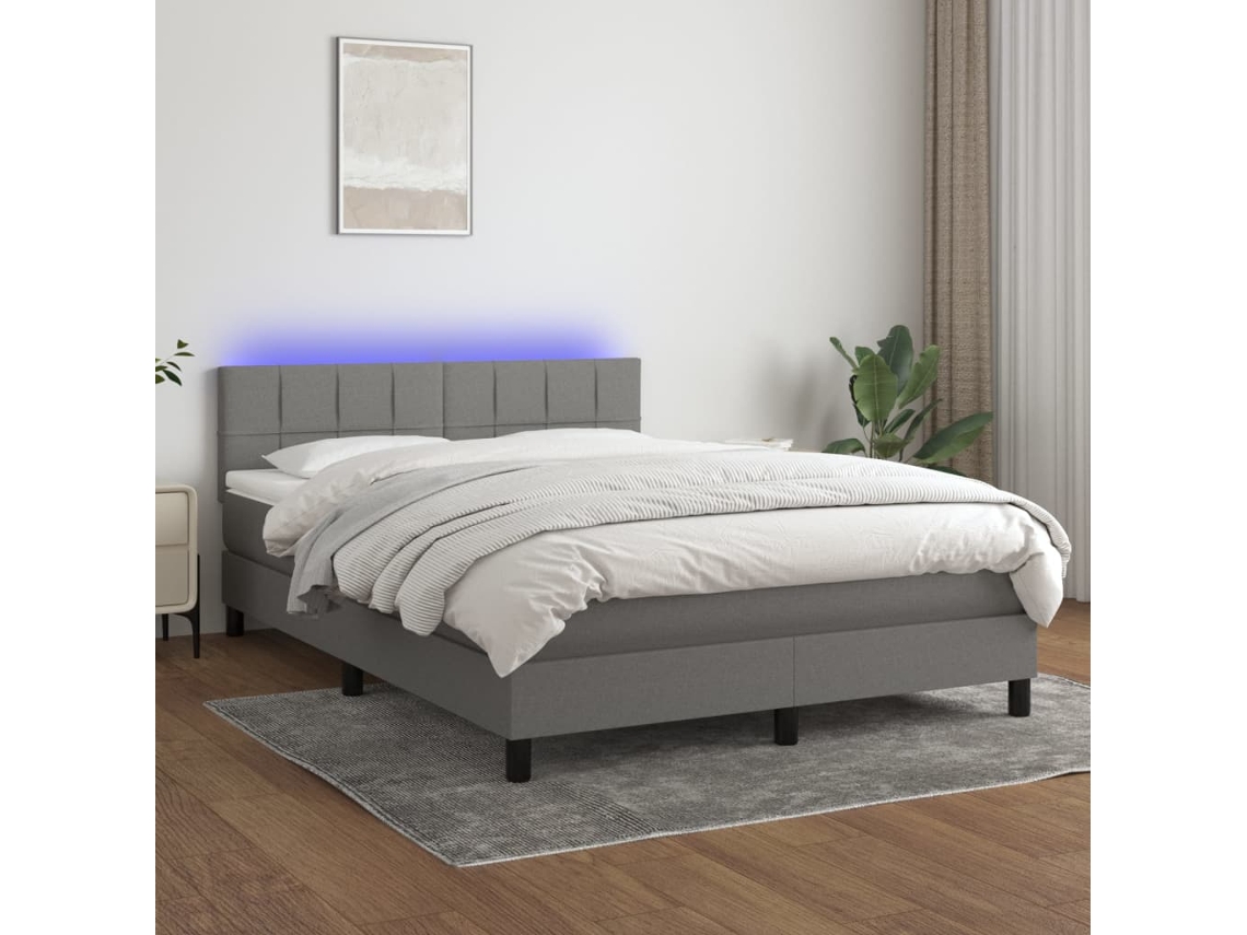 Cama box spring c/ colchão e LED 140x200 cm tecido cinza-escuro