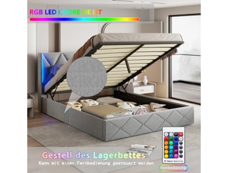 Cama De Casal, 140x200cm, Estofada Com Arrumação E Led, Cama Com Arrumação Hidráulica, Estrado De Ripas, Cama Juvenil Em Veludo. Rosahqnda