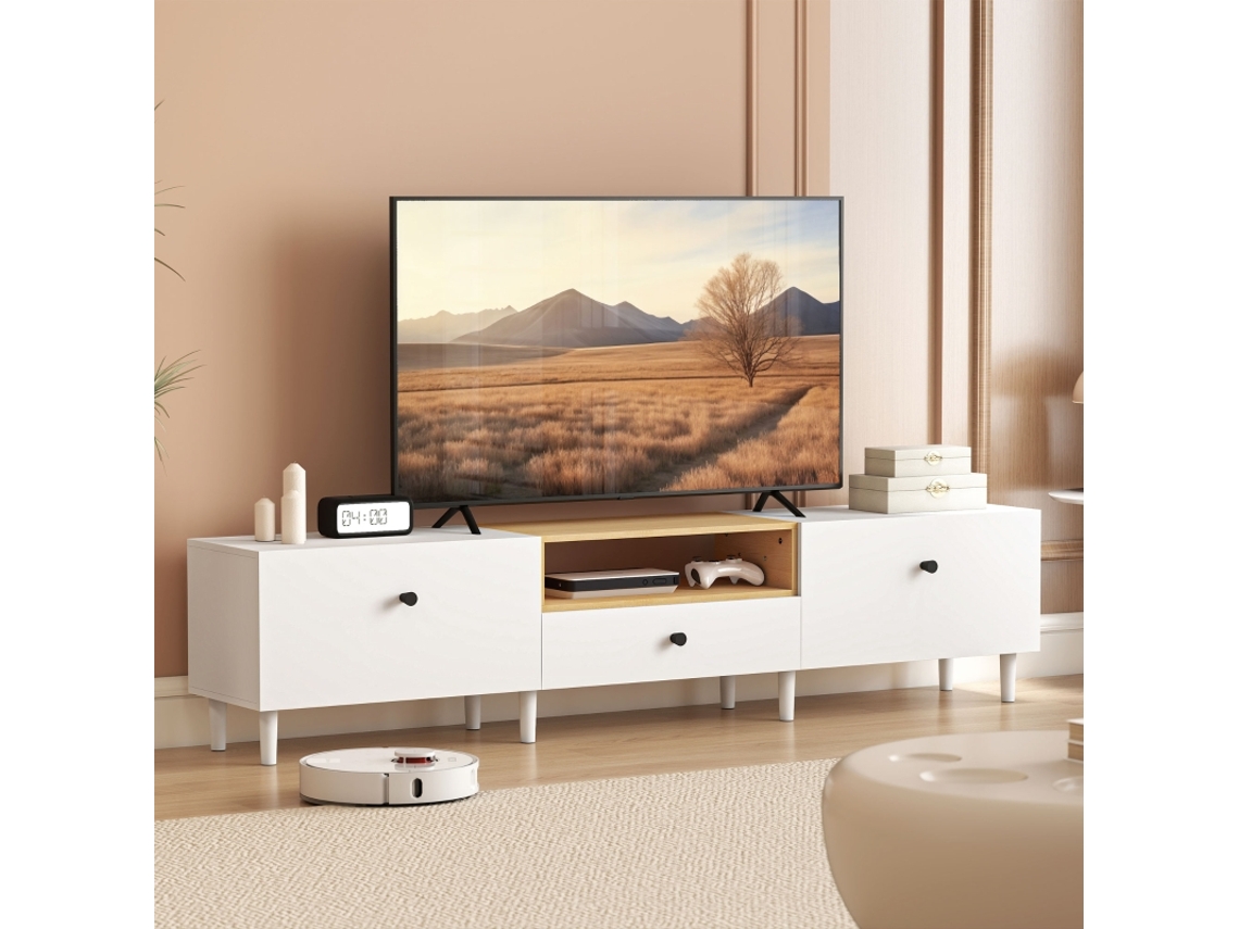 Móvel De Tv Para Televisores Até 90 Polegadas, Com 2 Portas De Abrir Para Baixo, Gaveta, 200 X 35 X 45 Cm, Branco