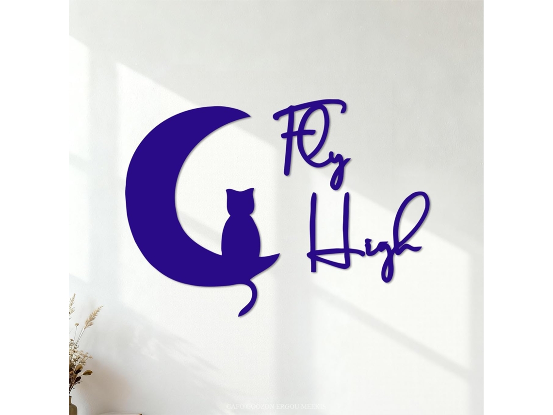 Adesivos Muraux Em Pvc Inscrição Nuit Chat De Lune Vole Haut Romance 68x95,2cm Décoration Artistique Bleu Foncé