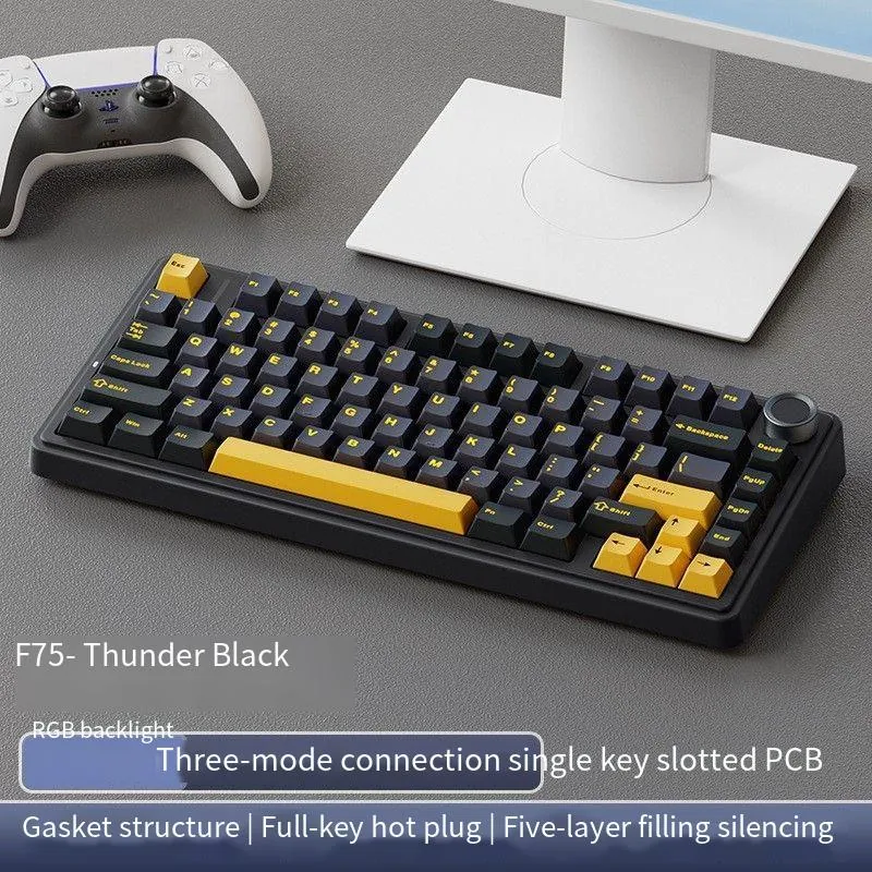 F75 Teclado Mecânico Gamer - Três Modos - Novilho - Amarelo E Preto