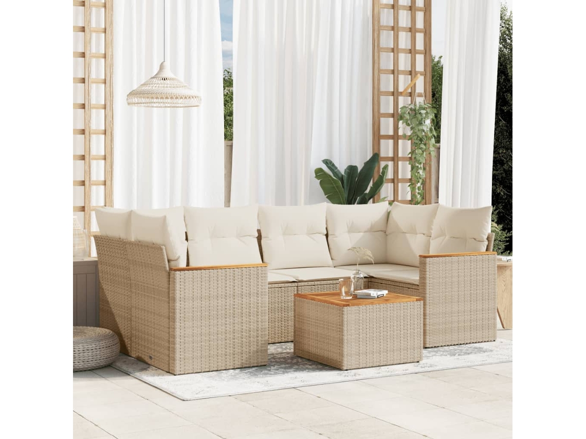 Vidaxl 7 Pcs Conjunto De Sofás P/ Jardim Com Almofadões Vime Pe Bege