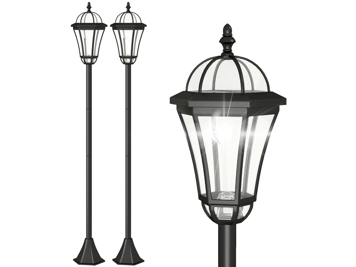 Conjunto 2 Candeeiros Solares Led, Ip44, para Caminho e Jardim, 18,5x18,5x129cm Preto S/MARCA