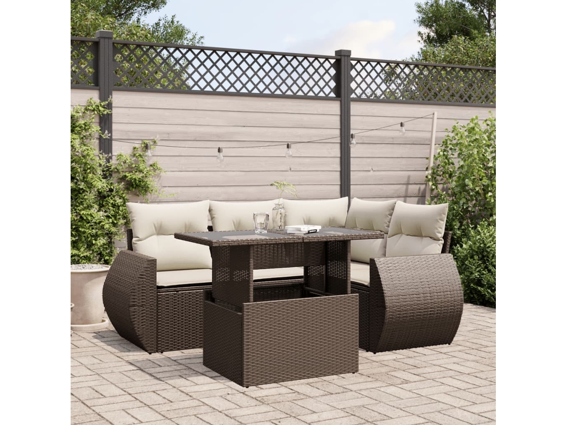 Vidaxl 5 Pcs Conjunto Sofás P/ Jardim C/ Almofadões Vime Pe Castanho