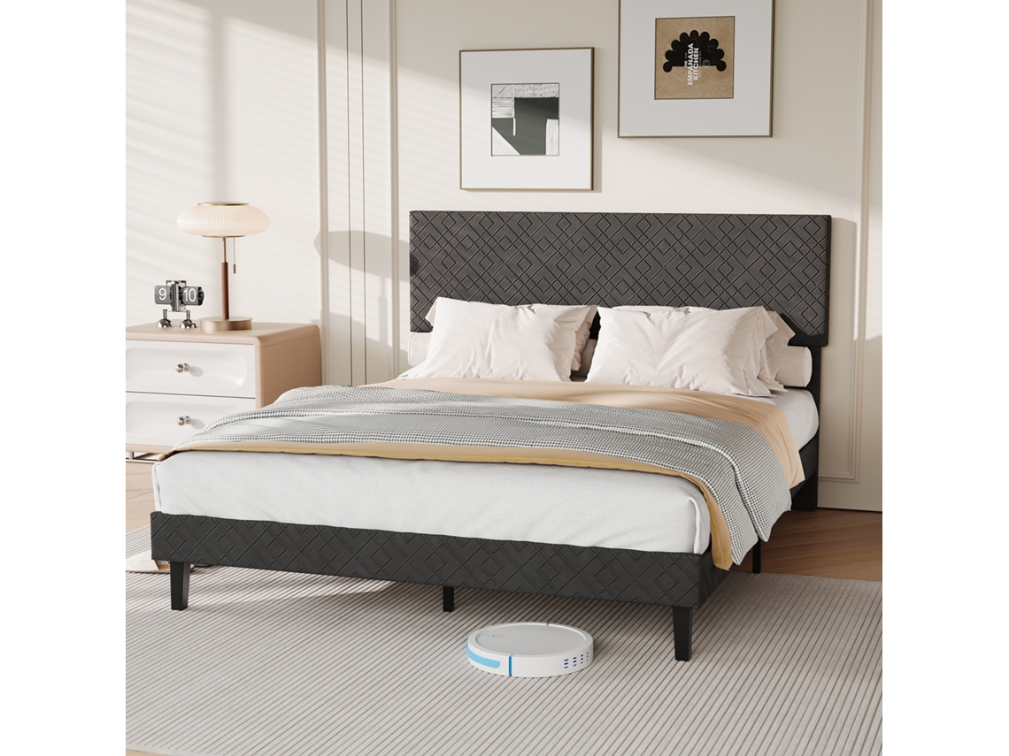 Cama De Casal Veyrixan 160x200 Cm - Tecido Linho Cinzento Escuro, Cabeceira Alta Estofada, Estrutura Metálica Silenciosa (suporta 300 Kg)