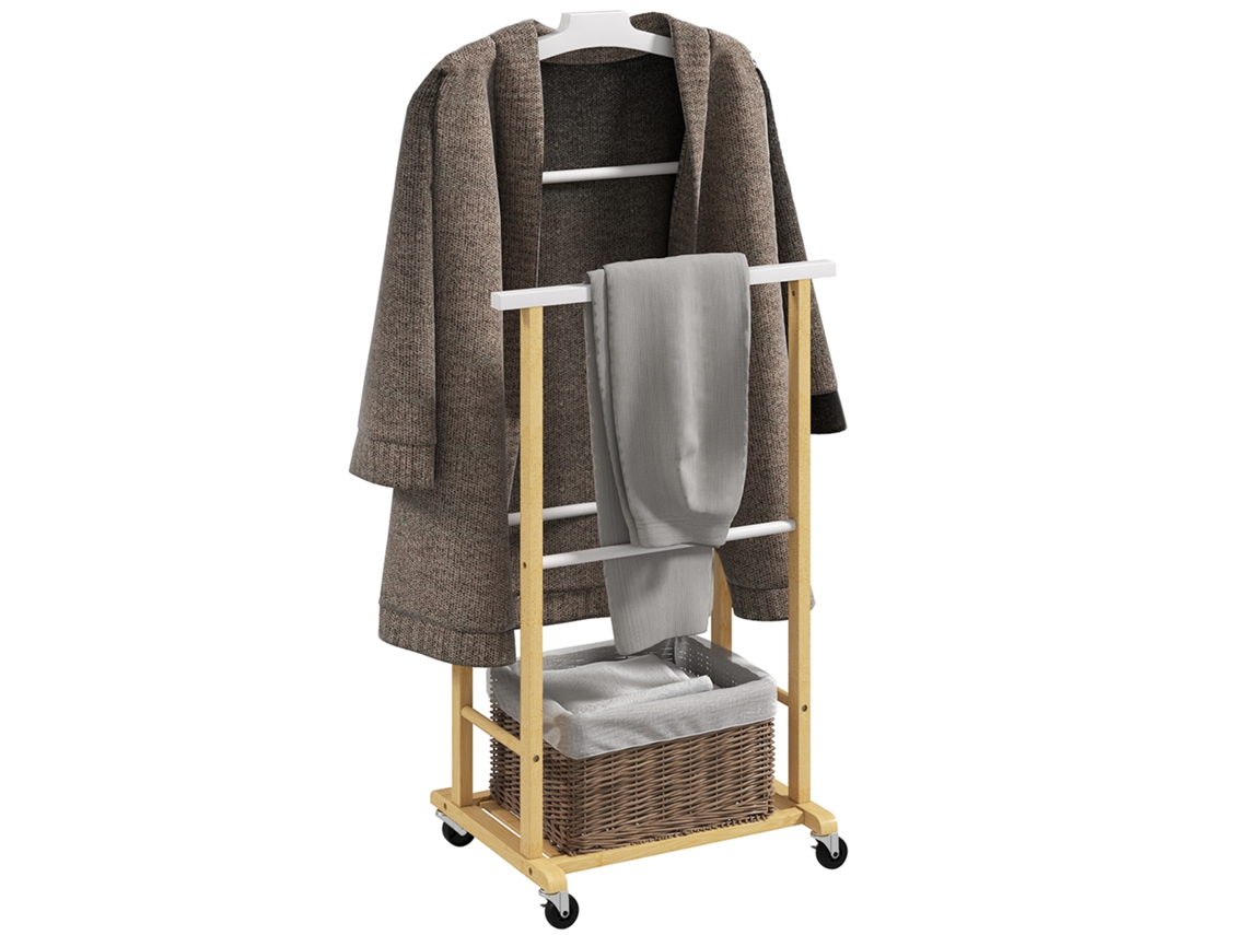 Carrinho de Roupa BTFORUS com cabideiro de bambu natural, suporte para roupas, cabides, haste para calças e prateleira