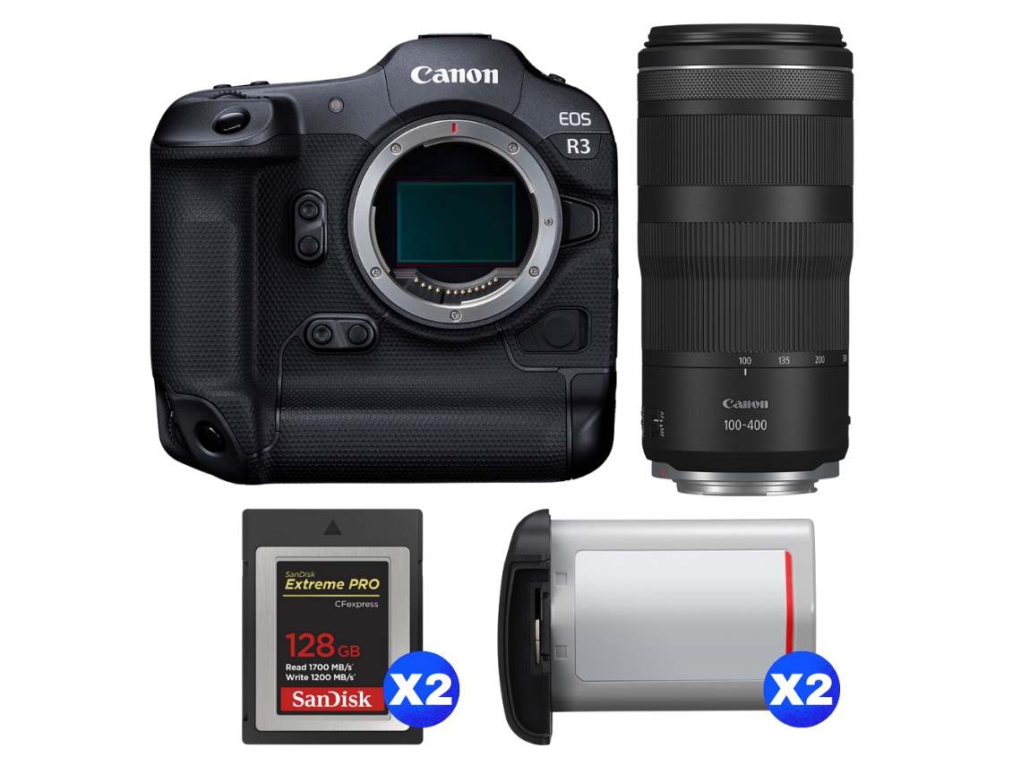 Eos R3 + Rf 100 400mm F/5.6 8 Is Usm + 2 Sandisk 128gb Extreme Pro Cfexpress Type B + 2 Canon Lp e19 + Ebook Pricedirect CANON