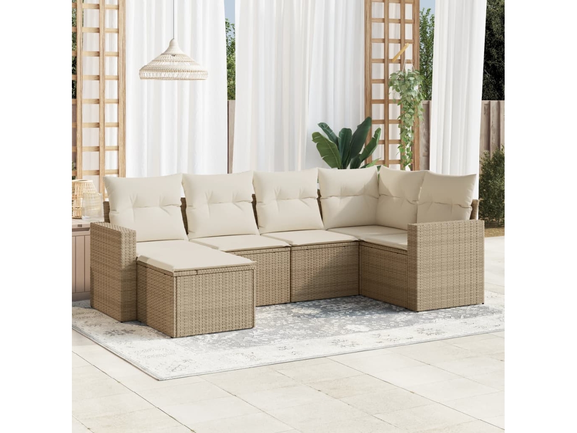 Vidaxl 6 Pcs Conjunto De Sofás P/ Jardim Com Almofadões Vime Pe Bege