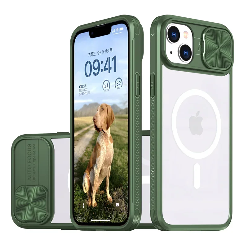 Capa Protetora Com Carregamento Sem Fio Magnético Magsafe (iphone 7 Plus, Verde Escuro) Com Tampa Deslizante De Acrílico Para Lente.