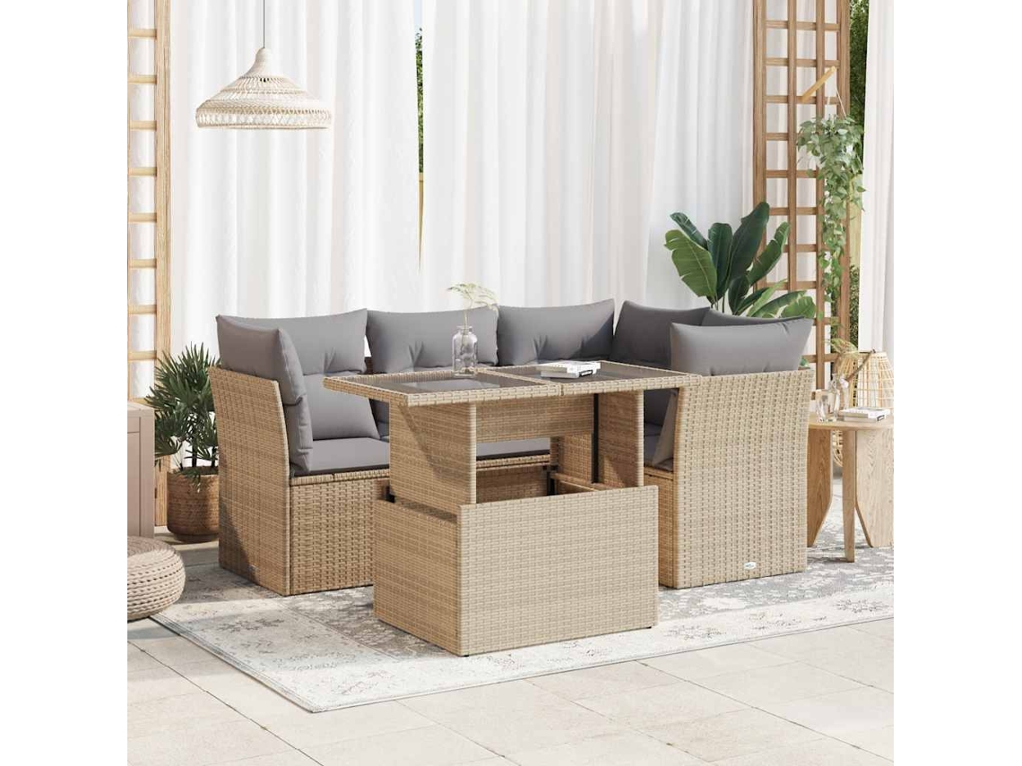 Vidaxl 5 Pcs Conjunto De Sofás P/ Jardim Com Almofadões Vime Pe Bege