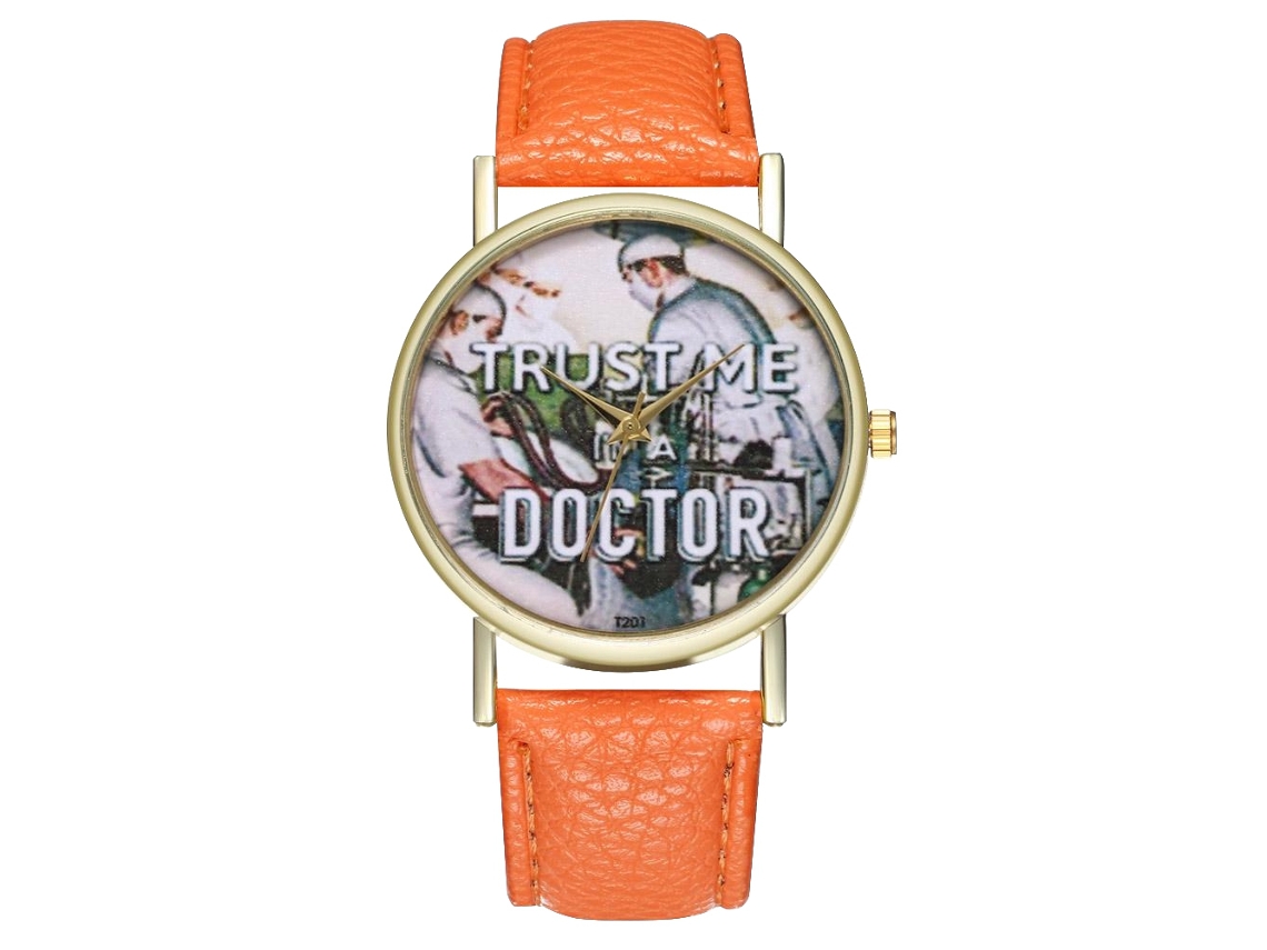 Relógio de pulso unissex Doctor Zhoulianfa laranja com pulseira de PU e mostrador redondo.