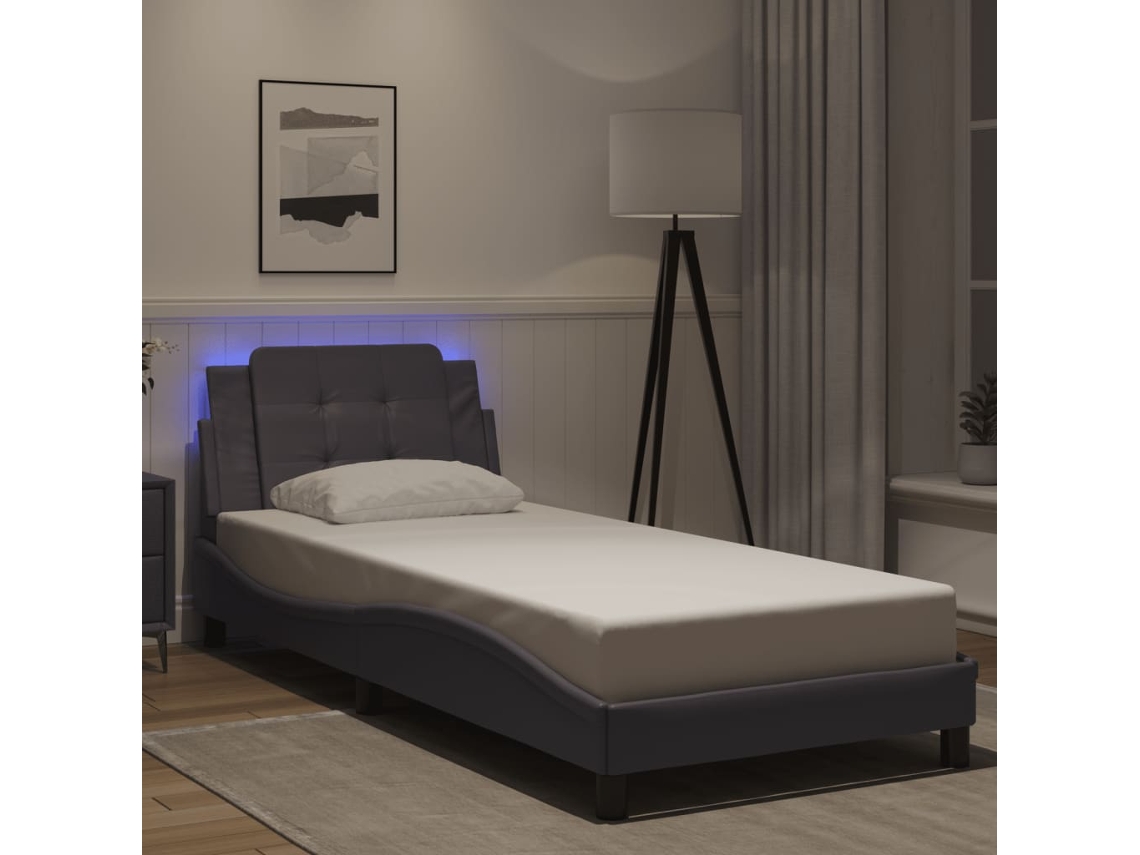 Estrutura De Cama C/ Luzes Led 100x200cm Couro Artificial Cinza