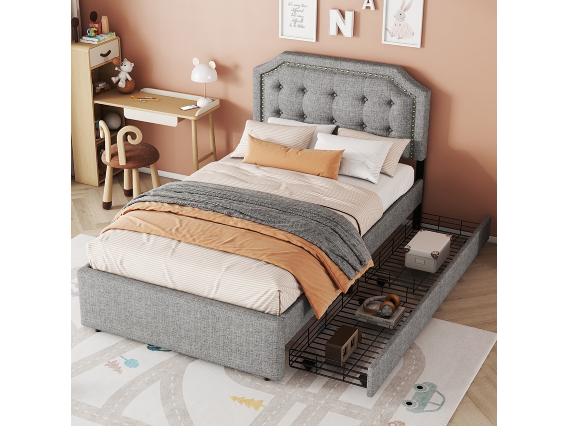 Cama Plataforma 90x200 Cinza com Gavetas