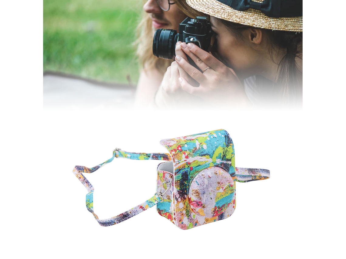 Capa protetora em couro PU com alça ajustável para pintura a óleo abstrata Fujifilm Instax Mini 12