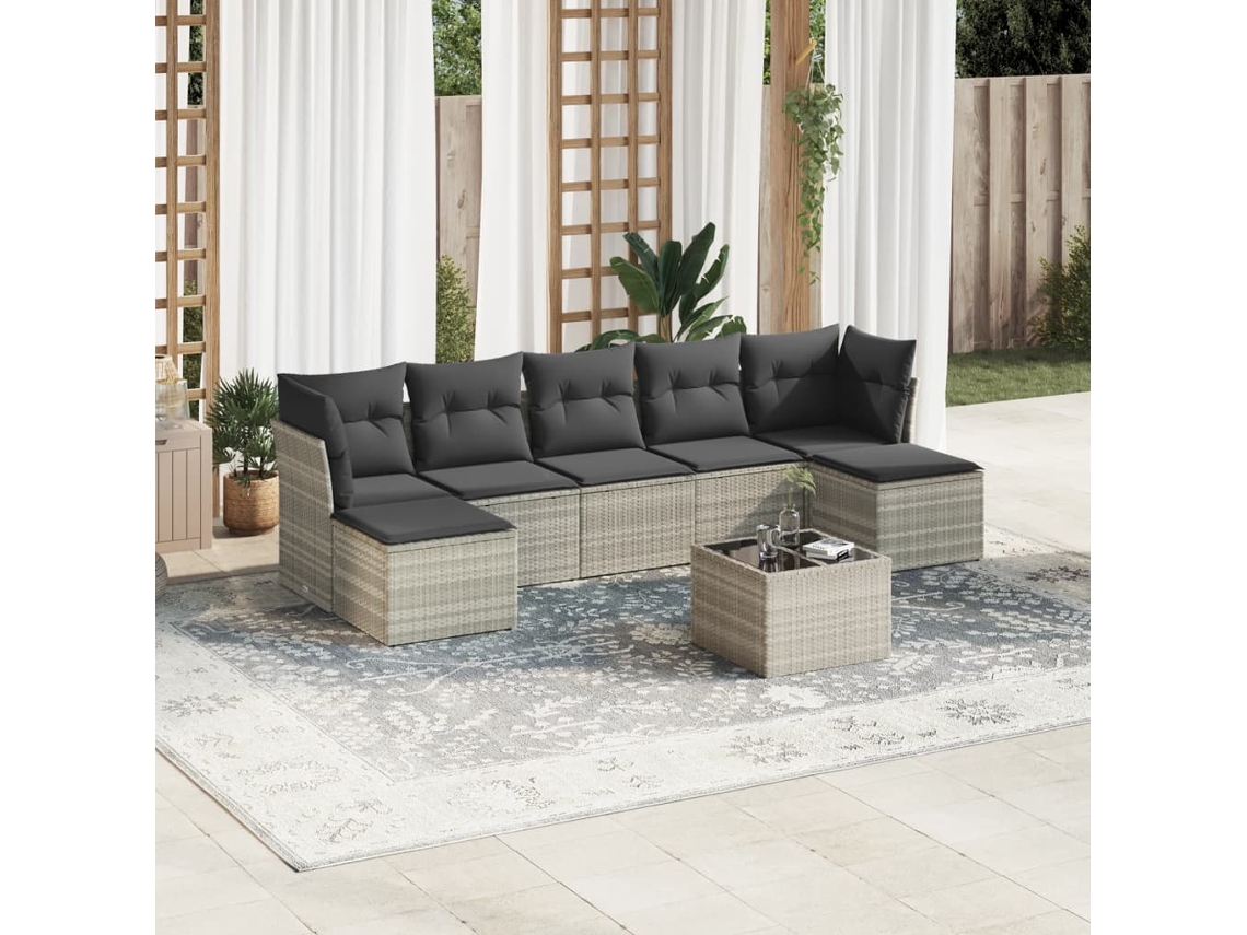 Vidaxl 8 Pcs Conj. Sofás Jardim C/ Almofadões Vime Pe Cinzento-claro