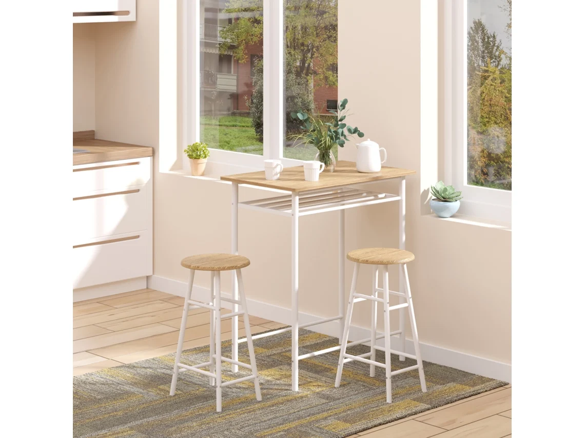 Conjunto Bartisch Mesa De 3 Peças Com 2 Bancos Grupo De Jantar Mesa De Cozinha E Cadeiras Mesa Alta Com Prateleira Mdf Aço Branco Carvalho 80x50x90cm