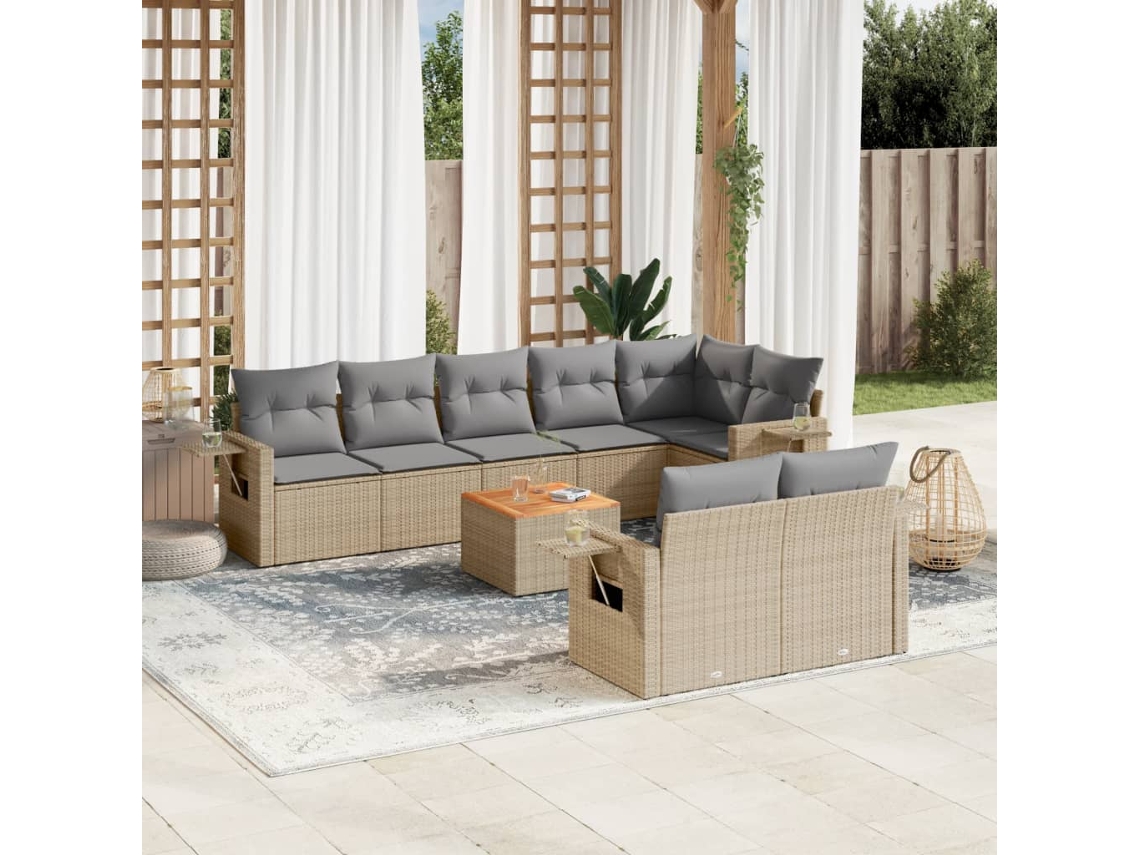Vidaxl 9 Pcs Conj. Sofás Jardim C/ Almofadões Vime Pe Bege Misturado