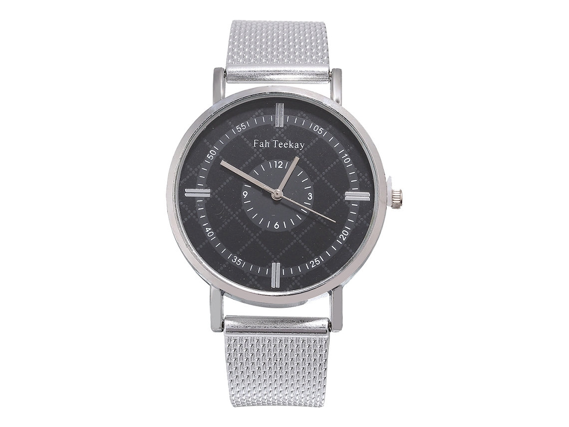 Relógio de pulso masculino casual redondo de quartzo com pulseira de malha (prateado)