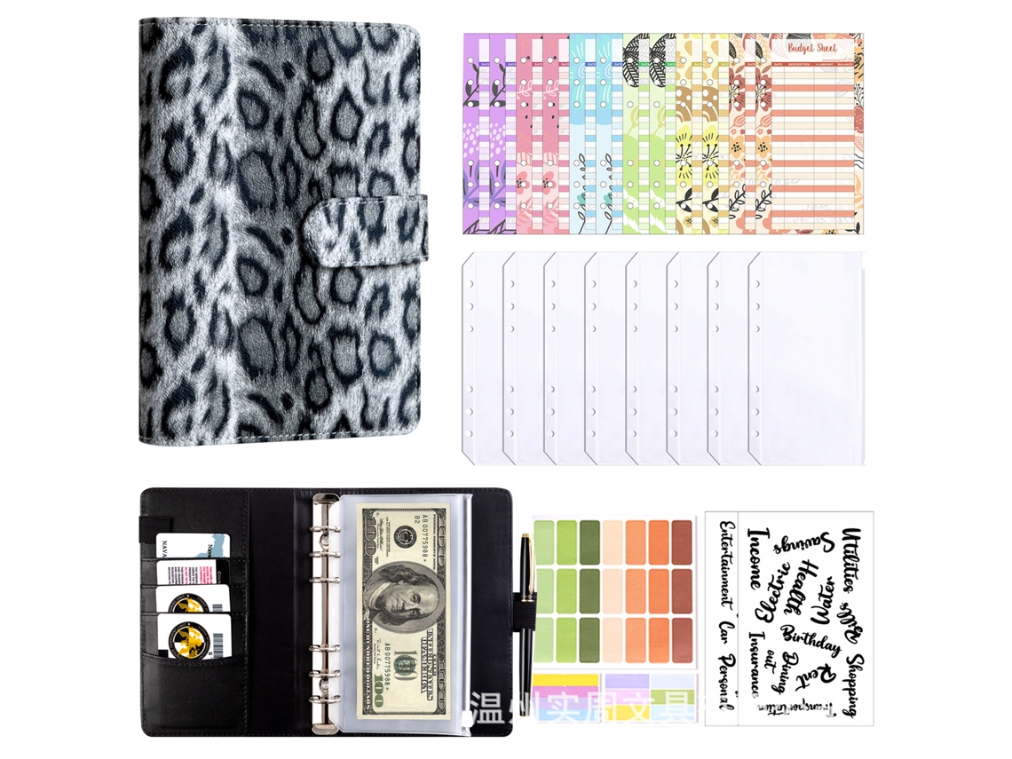A6 New Leopard Print Cash Budget Binder Notebook Gray Cover With 8-zipper Pouches, 12-cash Budget Cards, 2-english