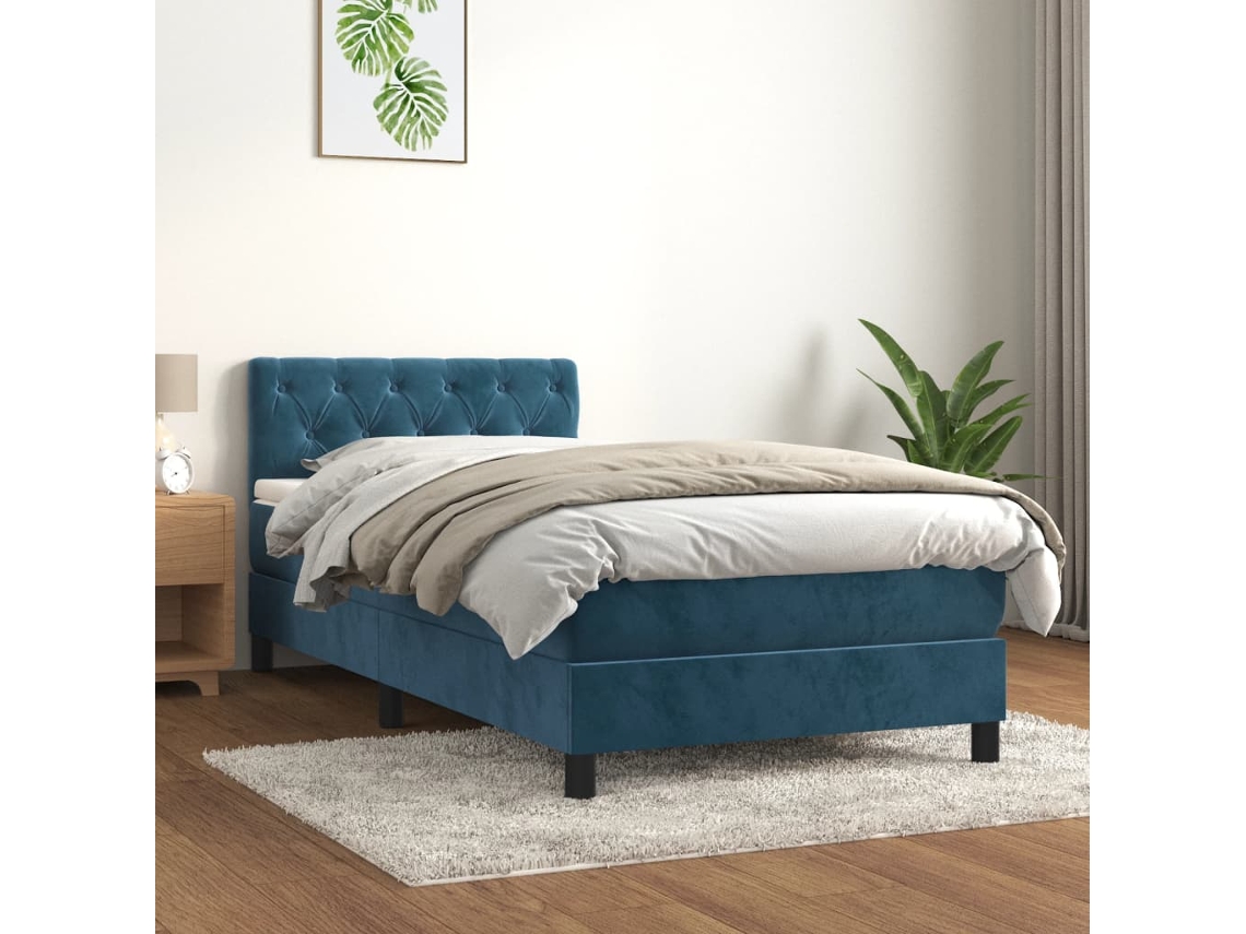 Cama com Colchão de Molas Veludo Azul (80x200cm)