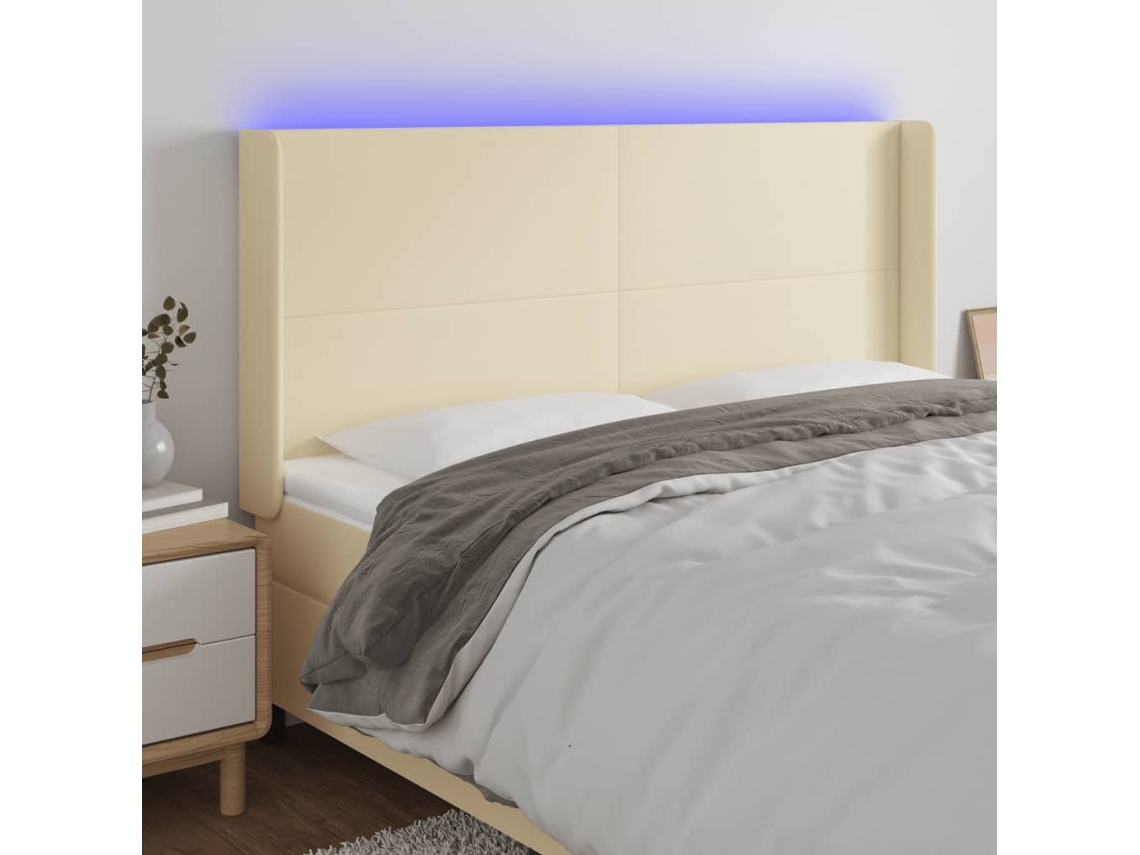 Vidaxl Cabeceira Cama C/ Led 163x16x118/128 Cm Couro Artificial Crème