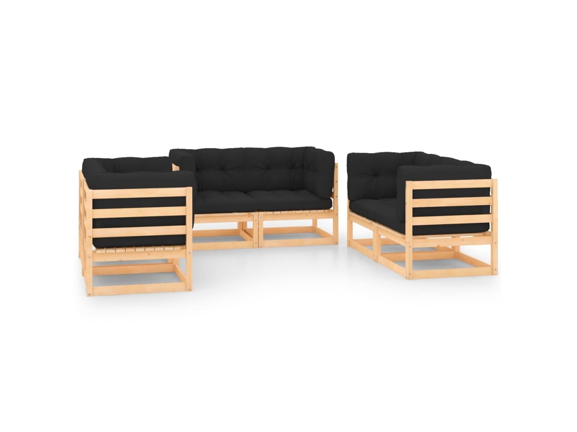 Vidaxl 6 Pcs Conjunto Lounge De Jardim C/ Almofadões Pinho Maciço