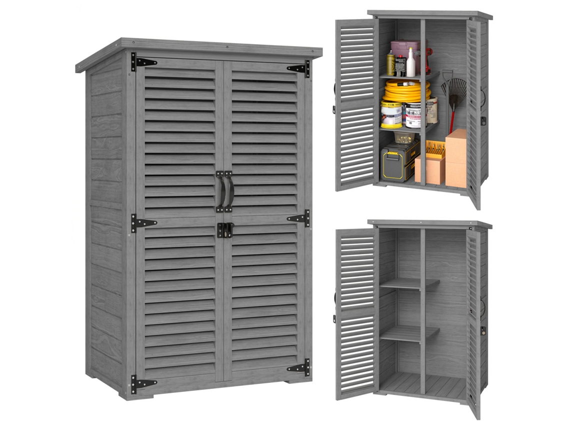 Armário de jardim de madeira com 2 prateleiras, telhado de betume, portas persianas trancáveis cinza 75x50x118cm | S/MARCA