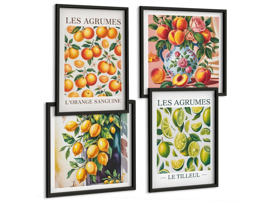 Composição De Quadros Frutas Cítricas No Jardim Moldura Preta Imagens Para Um Quarto Infantil Espelharte (conjunto De 4 Imagens)