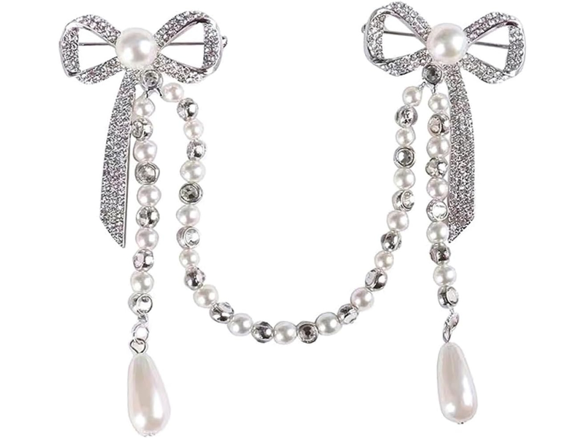 Broche Feminino Ciieeo Em Liga De Prata Com Pérola Decorativa E Corrente Elegante, Acessório De Moda.