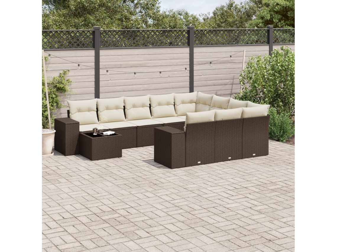 Vidaxl 11 Pcs Conjunto Sofás De Jardim C/ Almofadões Vime Pe Castanho