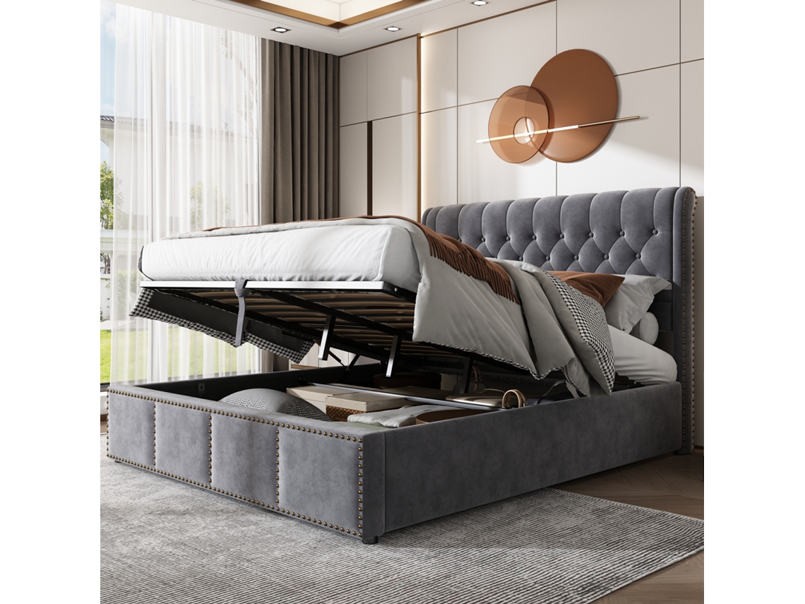 Cama Veludo Cinza 140x190 Cm, Baú Hidráulico, Detalhes Decorativos