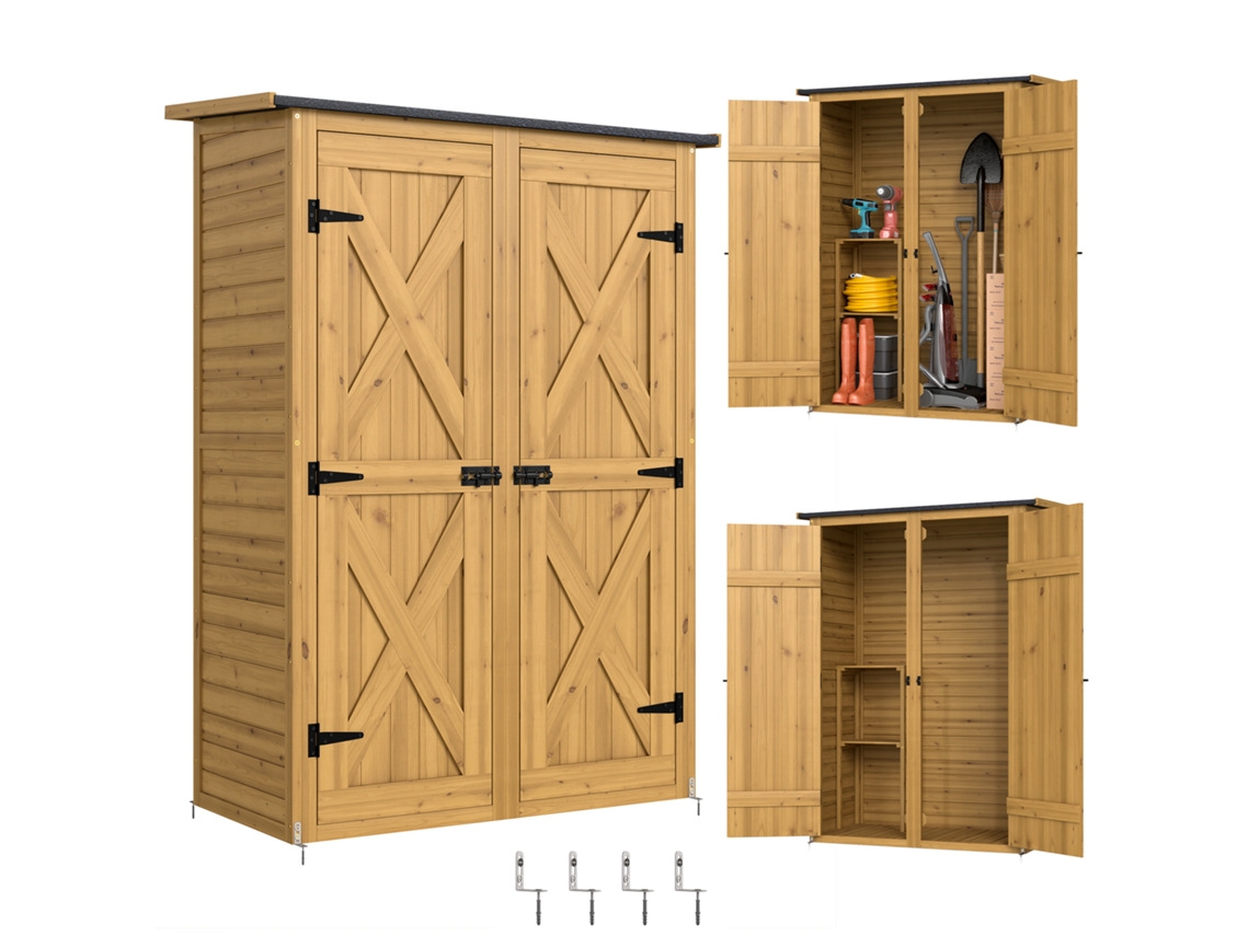 Caseta Of Garden Of Wood 115x53x156 Cm Wardrobe For Herramientas With Doors Dobles And Shelves Ceiling Inclinado Brown