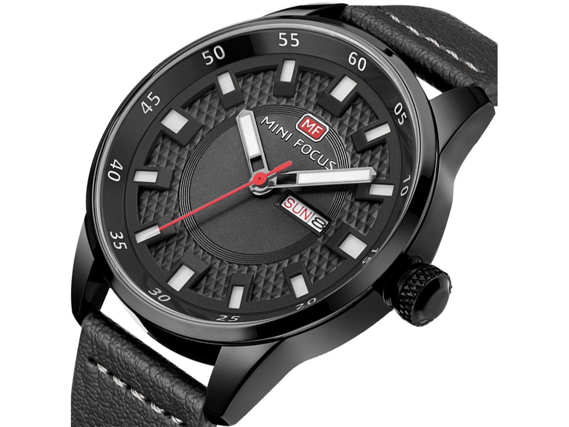 Relógio masculino analógico de quartzo com pulseira de couro, à prova d'água, estilo casual Mini Focus, preto.