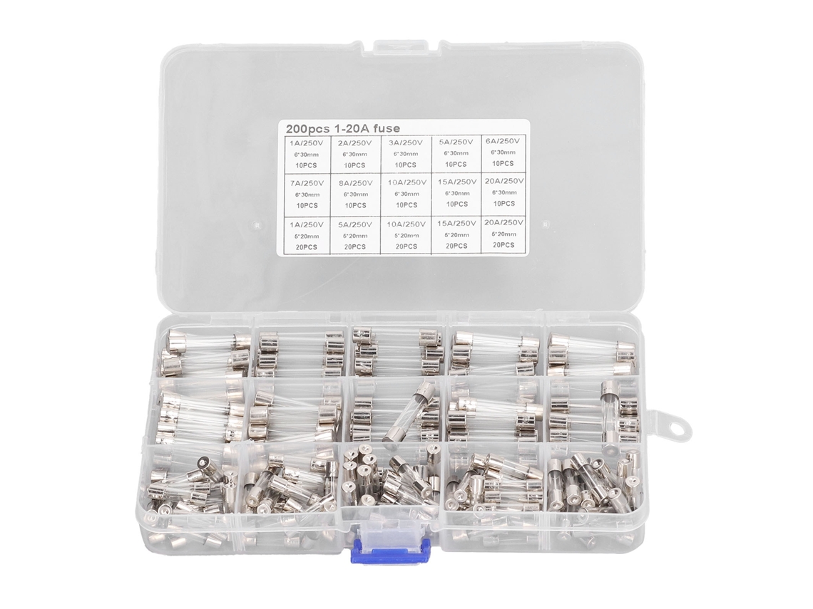 Kit de 200 fusíveis de vidro automotivos 5x20mm 6x30mm 250V | S/MARCA