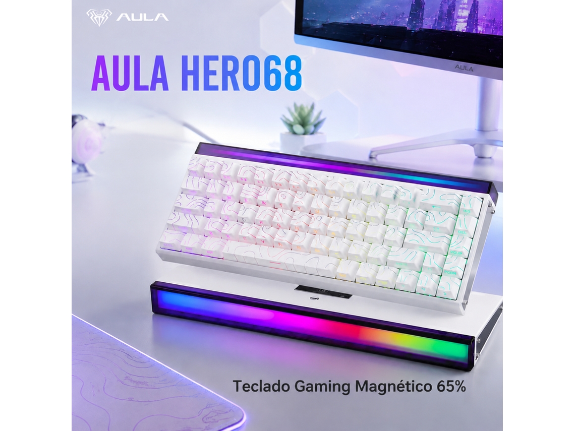 Teclado mecânico para jogos com Fios Aula Hero68 He, efeito Hall magnético, taxa de atualização de 8 kHz, ajuste de 0,01 mm, RGB programável, layout 65% branco.
