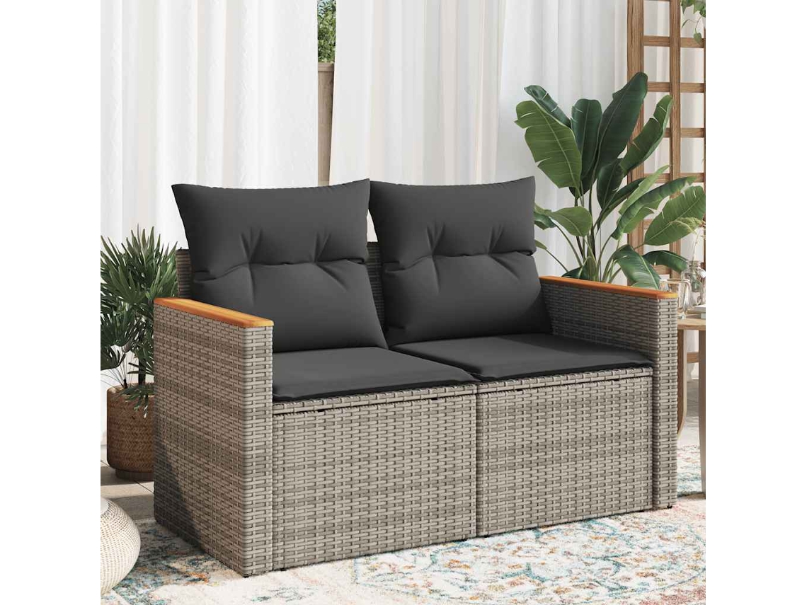 Vidaxl Sofá De Jardim De 2 Lugares Com Almofadões Vime Pe Cinzento