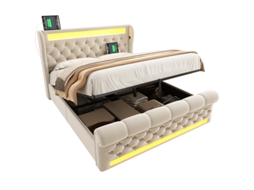 Cama de Casal Moderna Estofada, 140x200cm, com Luzes Led, Cabeceira com Arrumação e Entradas Usb e Type c, Arrumação . DELCOND (com Colchão)