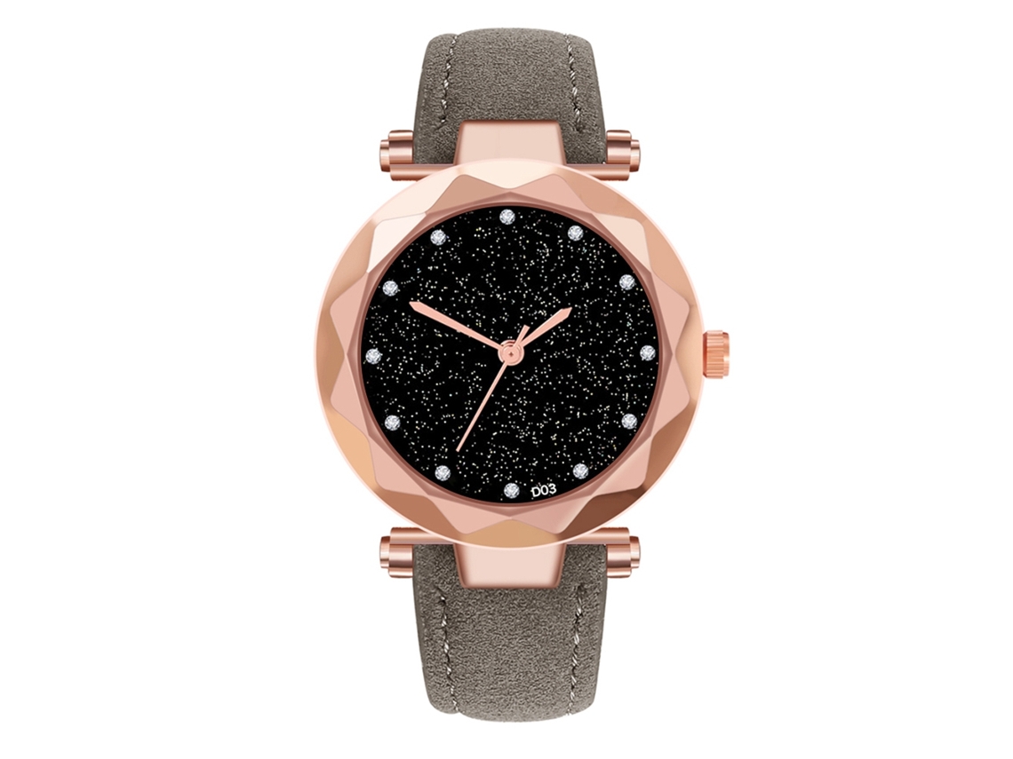 Relógio de Pulso Feminino com Strass e Pulseira de Couro Pu Cinza