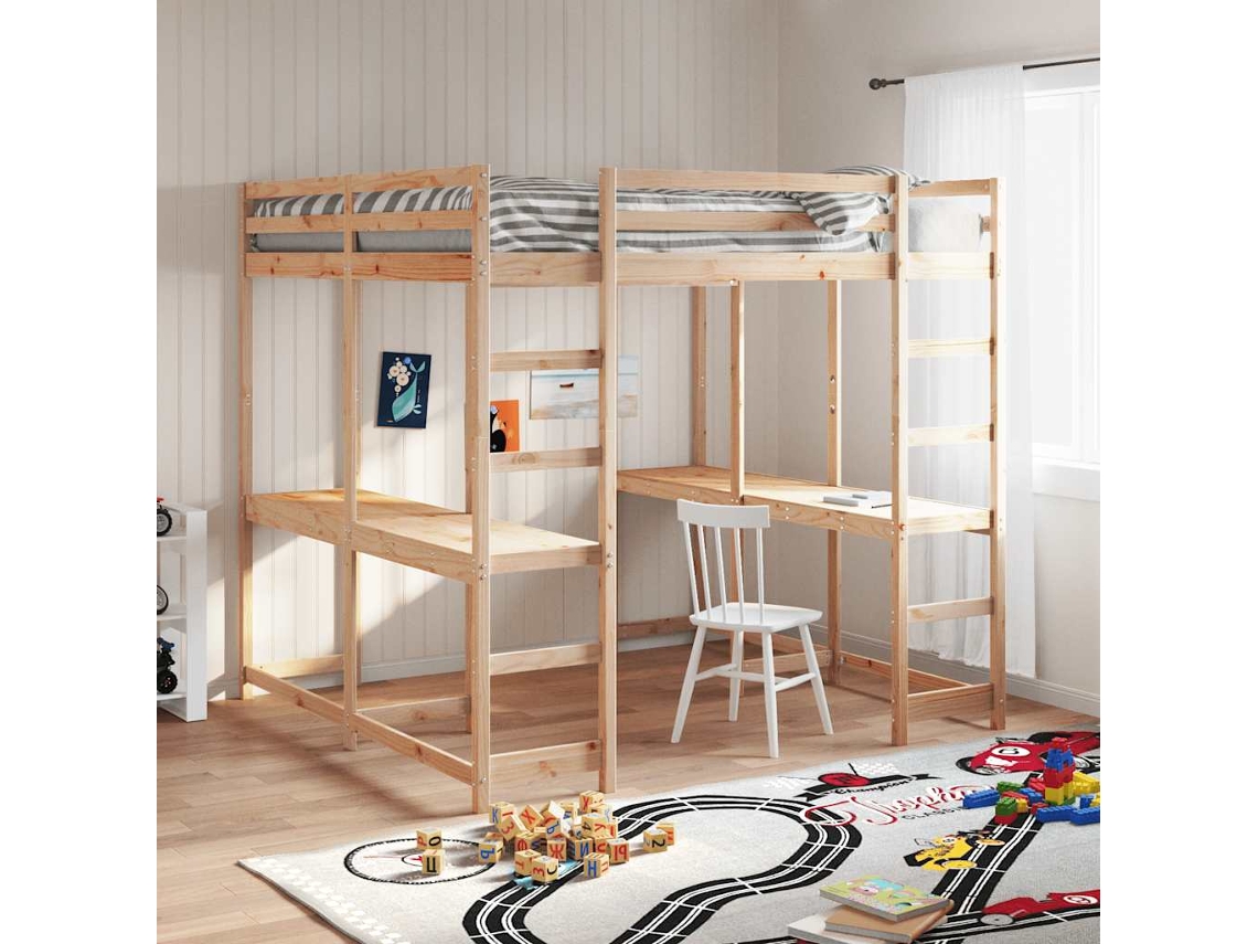 Vidaxl Cama Alta com Secretária e Escada 160x200 Cm Pinho Maciço